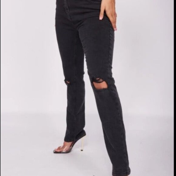 Charcoal Distressed Knee Rip Straight Leg Jeans - Picture 5 of 6